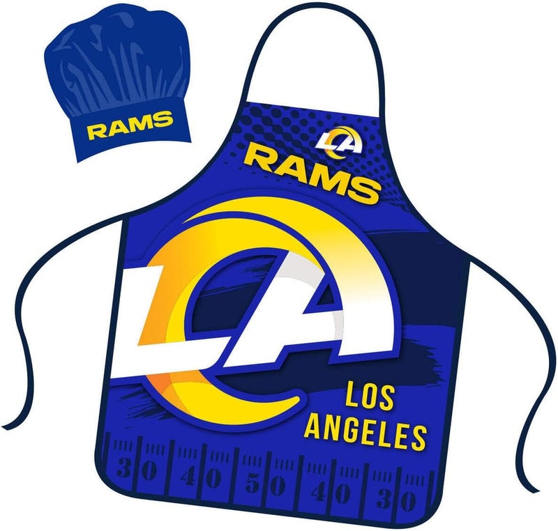 Los Angeles Rams Apron Chef Hat Set Full Color Universal Size Tie Back Grilling Tailgate BBQ Cooking Host